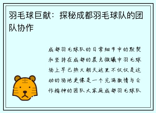 羽毛球巨献：探秘成都羽毛球队的团队协作