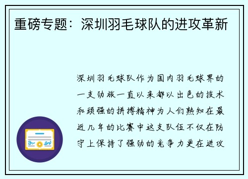 重磅专题：深圳羽毛球队的进攻革新