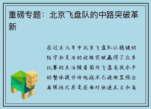重磅专题：北京飞盘队的中路突破革新